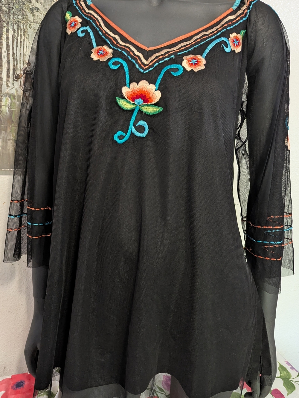 Black Embroidered Floral V-Neck Women's Top